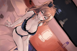 Rule 34 | 1girl, blue bra, blue eyes, blush, bra, breasts, brown hair, cleavage, collarbone, dutch angle, hand on own thigh, kantai collection, large breasts, looking at viewer, nose blush, on bed, one side up, open mouth, ponytail, saratoga (kancolle), sketch, smile, solo, underwear, underwear only, yukiguni yuu
