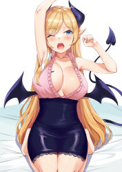Rule 34 | 1girl, arm up, armpits, asymmetrical hair, bare legs, barefoot, bat tattoo, bed sheet, black skirt, blonde hair, blouse, blue eyes, blush, breast tattoo, breasts, cleavage, clenched hand, collared shirt, commentary, demon girl, demon horns, demon tail, demon wings, frilled shirt, frills, full body, hair ribbon, high-waist skirt, hololive, horns, kosuke (bb), lace, lace-trimmed skirt, lace trim, large breasts, long hair, miniskirt, no bra, one eye closed, open clothes, open mouth, open shirt, parted bangs, pencil skirt, pink shirt, pointy ears, ribbon, seiza, shiny clothes, shirt, sidelocks, simple background, sitting, skirt, sleeveless, sleeveless shirt, solo, straight hair, stretching, tail, tattoo, tearing up, tears, virtual youtuber, white background, white ribbon, wing collar, wings, yuzuki choco, yuzuki choco (1st costume)