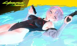 Rule 34 | 1girl, black one-piece swimsuit, breasts, cirilla lin, copyright name, cyberpunk (series), cyberpunk edgerunners, grey eyes, grey jacket, gun, handgun, highleg, highleg swimsuit, highres, holding, holding gun, holding magazine (weapon), holding weapon, jacket, lucy (cyberpunk), lying, magazine (weapon), medium breasts, nail polish, off shoulder, on back, one-piece swimsuit, parted lips, pink nails, reloading, short hair, solo, swimsuit, thighs, trigger discipline, water, weapon, white hair