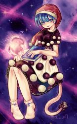 Rule 34 | 1girl, :d, bad id, bad pixiv id, blob, blue eyes, blue hair, book, doremy sweet, dress, gradient background, hat, matching hair/eyes, nightcap, niwa (njy), open mouth, pom pom (clothes), smile, solo, tail, tapir tail, touhou