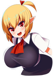 Rule 34 | 1girl, black vest, blonde hair, bouncing breasts, breasts, collared shirt, fang, gero zoukin, highres, large breasts, necktie, oppai loli, pointy ears, red eyes, red necktie, red ribbon, ribbon, rumia, shirt, simple background, solo, touhou, vest, white background, white shirt