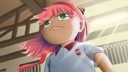 Rule 34 | 1girl, anya (spy x family), buttons, child, closed mouth, collarbone, cone hair bun, elementary, female focus, green eyes, hair bun, hairband, highres, pink hair, portrait, red hairband, shirt, short sleeves, solo, spy x family, white shirt