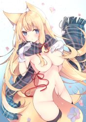 Rule 34 | 1girl, animal ear fluff, animal ears, armpits, black scarf, black thighhighs, blonde hair, blue eyes, blush, breasts, cleavage, closed mouth, commentary request, cowboy shot, floating hair, flower, fox ears, fox tail, fringe trim, gloves, groin, hair censor, hair ribbon, hands up, highres, long hair, looking at viewer, medium breasts, naked scarf, navel, nude, original, pink flower, plaid, plaid scarf, red ribbon, ribbon, satsuki mayuri, scarf, sidelocks, solo, standing, stomach, tail, tail censor, thighhighs, very long hair, white background, white gloves