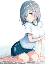 Rule 34 | 10s, 1girl, alternate costume, arm support, bare legs, barefoot, black shorts, blue eyes, breast hold, breasts, closed mouth, embarrassed, gym shorts, gym uniform, hair ornament, hair over one eye, hairclip, hamakaze (kancolle), head tilt, highres, kantai collection, kneeling, medium breasts, shikuro (iorimiyakiyo), shirt, short hair, shorts, silver hair, simple background, solo, sweat, tareme, water, white background, white shirt