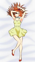Rule 34 | 1girl, armpits, arms up, bed, blue choker, blue eyes, breasts, choker, dakimakura (medium), dress, hair between eyes, hair ornament, highres, interface headset, long hair, looking at viewer, lying, md5 mismatch, medium breasts, neon genesis evangelion, on back, red footwear, self-upload, shoes, smile, solo, souryuu asuka langley, sundress, twintails, yellow dress