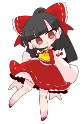 Rule 34 | 1girl, ascot, black hair, bow, collar, detached sleeves, hair bow, hair tubes, hakurei reimu, highres, long hair, midriff, nontraditional miko, op na yarou, red bow, red eyes, red footwear, red skirt, skirt, skirt set, smile, touhou, underskirt, white collar, wide sleeves, yellow ascot