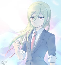 Rule 34 | 1boy, afuro terumi, bad id, bad pixiv id, blonde hair, character name, formal, hair down, inazuma eleven (series), inazuma eleven go, long hair, male focus, mizuhara aki, necktie, aged up, red eyes, solo, suit, upper body