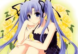 Rule 34 | 1girl, bare arms, blue eyes, blue hair, bow, breasts, cleavage, collarbone, dress, flower, hair bow, head rest, highres, long hair, looking at viewer, matching hair/eyes, medium breasts, rose, sitting, sleeveless, sleeveless dress, solo, suzuhira hiro, twintails, yellow background, yellow flower, yellow rose