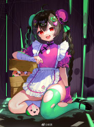 Rule 34 | 1girl, :d, ahoge, apron, arm support, arm warmers, bamboo steamer, bandaged arm, bandaged leg, bandages, black footwear, black hair, braid, bun cover, chest cutout, china dress, chinese clothes, dark background, double bun, dress, fang, food, frilled apron, frills, fruit, full body, green thighhighs, hair bun, hair ornament, hairclip, halloween, heart, heart hair ornament, highres, kneeling, long hair, looking at viewer, mary janes, miebao, open mouth, original, peach, pink dress, puffy short sleeves, puffy sleeves, red eyes, scar, scar on face, scar on leg, shoes, short sleeves, silk, single thighhigh, smile, solo, spider web, star (symbol), star hair ornament, talisman, thighhighs, torn clothes, torn thighhighs, twin braids, twintails, very long hair, waist apron, weibo logo, weibo watermark, white apron