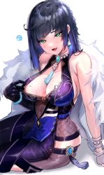 Rule 34 | 1girl, asymmetrical gloves, bare shoulders, black hair, black pants, blue dress, blue hair, blush, bob cut, breasts, cleavage, cleavage cutout, clothing cutout, diagonal bangs, dice, dress, earrings, fur-trimmed jacket, fur trim, genshin impact, gloves, green eyes, highres, hominamia, jacket, jacket on shoulders, jewelry, large breasts, long sleeves, looking at viewer, mismatched gloves, mole, mole on breast, multicolored hair, neck ring, open mouth, pants, pelvic curtain, short hair, sitting, smile, solo, tassel, thighs, tight clothes, tight pants, two-tone hair, white jacket, yelan (genshin impact)