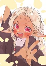 Rule 34 | &gt;:), 1girl, :d, arms up, blonde hair, blush, braided sidelock, clothing request, dark-skinned female, dark skin, edomae elf, elf, highres, japanese clothes, kimono, long braid, long hair, looking at viewer, mayora13, open hand, open mouth, outstretched hand, pink eyes, pointy ears, reaching, reaching towards viewer, short eyebrows, simple background, single sidelock, sketch, smile, solo, teeth, upper body, v-shaped eyebrows, white background, white kimono, yordeilla lila fenomenea