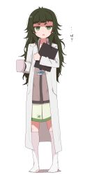 Rule 34 | 1girl, blush, clipboard, coffee cup, cup, disposable cup, full body, green eyes, green hair, highres, hiyajou maho, holding, holding clipboard, holding cup, id card, kahlua (artist), kneehighs, lab coat, long hair, messy hair, open clothes, open mouth, simple background, socks, solo, standing, star (symbol), steins;gate, steins;gate 0, thick eyebrows, torn clothes, torn legwear, torn socks, translated, white background, white socks