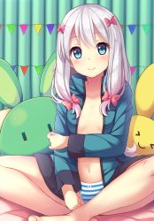 Rule 34 | 10s, 1girl, barefoot, bow, bow panties, breasts, eromanga sensei, hair bow, indian style, izumi sagiri, jacket, long hair, looking at viewer, navel, open clothes, open jacket, panties, pink bow, sei000, silver hair, sitting, small breasts, smile, solo, striped clothes, striped panties, stuffed animal, stuffed rabbit, stuffed toy, underwear