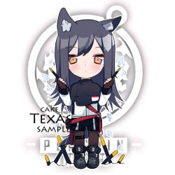 Rule 34 | 1girl, animal ear fluff, animal ears, arknights, black capelet, black footwear, black hair, black shorts, blush, boots, brown gloves, brown pantyhose, cake (isiofb), capelet, character name, chibi, closed mouth, fingerless gloves, full body, gloves, holding, jacket, long hair, looking at viewer, orange eyes, pantyhose, pantyhose under shorts, sample watermark, short shorts, shorts, solo, standing, texas (arknights), watermark, white jacket