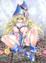 Rule 34 | 1girl, absurdres, anus, bare shoulders, blonde hair, blush stickers, boots, breastless clothes, breasts, censored, dark magician girl, duel monster, female focus, gloves, green eyes, hat, highres, juubaori mashumaro, large breasts, long hair, magic circle, messy hair, miniskirt, nipples, no panties, pointless censoring, pussy, skirt, solo, wand, witch hat, yu-gi-oh!, yuu-gi-ou, yu-gi-oh! duel monsters