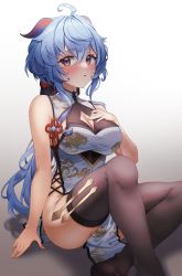 Rule 34 | 1girl, absurdres, ahoge, bare shoulders, blue hair, blush, breasts, china dress, chinese clothes, cleavage, clothing cutout, cross-laced slit, dress, ganyu (genshin impact), genshin impact, goat horns, hair ornament, highres, horns, large breasts, long hair, looking at viewer, monmo mu, parted lips, pelvic curtain, purple eyes, side slit, sideboob, sidelocks, simple background, sitting, solo, tassel, thighhighs