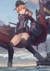 Rule 34 | 10s, 1boy, 1girl, anchor hair ornament, blue eyes, day, from below, giant, giantess, gloves, grey skirt, grey thighhighs, hair between eyes, hair ornament, hat, highres, kantai collection, long sleeves, looking down, machinery, ocean, panties, pantyshot, peaked cap, pleated skirt, prinz eugen (kancolle), rudder, seo tatsuya, skirt, sky, solo focus, standing, thighhighs, torpedo, turret, twintails, underwear, white gloves, white panties