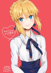 Rule 34 | 1girl, alternate eye color, artoria pendragon (fate), blonde hair, blouse, blue eyes, blue ribbon, blue skirt, blush, braid, breasts, closed mouth, collared shirt, fate/stay night, fate (series), hair ribbon, heart, ichikura tokage, long sleeves, looking at viewer, red background, ribbon, saber (fate), shirt, short hair, sidelocks, simple background, skirt, small breasts, smile, solo, translation request, underbust, white shirt, wing collar