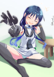 Rule 34 | 1girl, afterimage, black gloves, black neckerchief, black sailor collar, black thighhighs, blue hair, closed eyes, gloves, hair ribbon, highres, kantai collection, long hair, low twintails, metadio, neckerchief, panties, ribbon, sailor collar, shirt, sitting, skirt, sleeveless, sleeveless shirt, solo, suzukaze (kancolle), table, thighhighs, twintails, twitter username, underwear, white panties, white shirt, white skirt