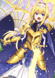 Rule 34 | 1girl, alice zuberg, armor, armored dress, blonde hair, blue dress, blue eyes, blue gloves, braid, dress, french braid, gauntlets, gloves, glowing, gold armor, hair between eyes, hairband, highres, holding, holding sword, holding weapon, long braid, long hair, looking at viewer, mottsun (i 40y), open mouth, single braid, solo, sparkle, sword, sword art online, very long hair, weapon, white hairband