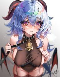 Rule 34 | 1girl, @ @, absurdres, bare shoulders, bdsm, bell, blue hair, blurry, blurry background, breasts, brown leotard, collar, covered erect nipples, covered navel, curled horns, demon girl, ganyu (genshin impact), genshin impact, goat horns, groin, highres, holding, holding leash, horns, large breasts, leash, leotard, long hair, neck bell, purple eyes, rosebell, sidelocks, signature, slave, solo, spiked collar, spikes, sweat, thighhighs, very long hair, wavy hair