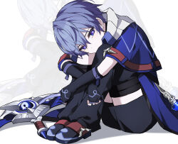 Rule 34 | 1boy, black footwear, black gloves, black shorts, capelet, elbow gloves, elsword, fingerless gloves, gloves, hair between eyes, hashtag-only commentary, highres, look 128, looking at viewer, male focus, noah ebalon, purple capelet, purple eyes, purple hair, shoes, short hair, shorts, sickle, sitting, solo, weapon, white background