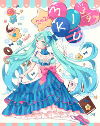 Rule 34 | 1girl, 39, apron, balloon, birthday, blue bow, blue dress, blue eyes, blue flower, blue hair, book, bow, bow earrings, candy, commentary request, cup, doughnut, dress, earrings, flower, food, full body, gloves, hatsune miku, highres, jewelry, lollipop, long hair, looking at viewer, myaco9, solo, teacup, twintails, vocaloid, white gloves