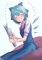 Rule 34 | 1girl, ^ ^, blue background, blue bow, blue dress, blue hair, blue wings, blush, bow, breasts, cirno, closed eyes, commentary request, dress, facing viewer, feet out of frame, grin, hair between eyes, hair bow, highres, holding, holding newspaper, ice, ice wings, neck ribbon, newspaper, pointing, puffy short sleeves, puffy sleeves, red ribbon, ribbon, roke (taikodon), short hair, short sleeves, simple background, sitting, small breasts, smile, solo, touhou, wing collar, wings