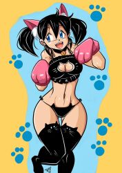 Rule 34 | 1girl, animal hands, black hair, black panties, bracelet, breasts, cat lingerie, chibi, cleavage cutout, clothing cutout, curvy, dated, erik96, erika-chan, fang, gloves, happy, jewelry, long hair, looking to the side, medium breasts, meme attire, midriff, navel, open mouth, panties, paw gloves, puffy sleeves, revealing clothes, scrunchie, shirt, short sleeves, simple background, solo, thong, twintails, underwear, wide hips
