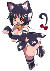 Rule 34 | 1girl, :d, absurdres, animal ears, bell, black dress, black hair, blush stickers, bow, breasts, cat ears, cleavage, dress, fang, full body, hair bow, highres, jingle bell, long hair, looking at viewer, medium breasts, navel, neck bell, open mouth, original, paw pose, red bow, signature, simple background, skin fang, smile, solo, standing, standing on one leg, white background, yellow eyes, zankuro