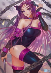 Rule 34 | 1girl, bare shoulders, black thighhighs, breasts, canking, chain, choker, cleavage, facial mark, fate/stay night, fate (series), forehead mark, large breasts, long hair, medusa (fate), medusa (rider) (fate), nameless dagger (fate), purple eyes, purple hair, solo, thighhighs
