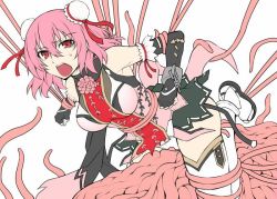 Rule 34 | 1girl, adapted costume, bare shoulders, breasts, double bun, elbow gloves, gloves, ibaraki kasen, open mouth, parody, pink eyes, pink hair, sandals, segami daisuke, short hair, solo, taimanin (series), taimanin suit, tentacles, touhou