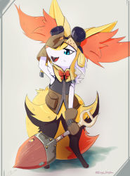 Rule 34 | 1girl, :3, adjusting eyewear, alternate eye color, animal ear fluff, animal ears, animal nose, arm up, artist name, black fur, blue eyes, blush, body fur, border, bow, bowtie, braixen, brown gloves, clothed pokemon, cosplay, creatures (company), dated, eryz, eyewear on head, fangs, felyne, felyne (cosplay), female focus, flat chest, fox ears, fox girl, fox tail, full body, furry, furry female, game freak, gen 6 pokemon, gloves, goggles, green background, happy, highres, holding, holding shovel, jpeg artifacts, light blush, monster hunter, monster hunter: world, monster hunter (series), multicolored vest, nintendo, open mouth, pokemon, red bow, red bowtie, shovel, signature, simple background, smile, snout, solo, standing, tail, teeth, twitter username, vest, watermark, white fur, yellow fur