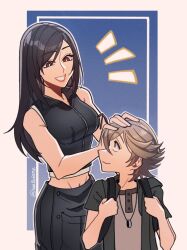 Rule 34 | 1boy, 1girl, apron, arm ribbon, backpack, bag, bare shoulders, black apron, black hair, black vest, breasts, brown hair, buttons, child, closed mouth, commentary, cowboy shot, crop top, denzel (ff7), english commentary, final fantasy, final fantasy vii, final fantasy vii advent children, headpat, highres, large breasts, long hair, looking at another, midriff peek, motherly, navel, parted lips, red eyes, red ribbon, ribbon, seilidare, shirt, short hair, short sleeves, smile, swept bangs, tank top, tifa lockhart, twitter username, upper body, vest, waist apron, white tank top