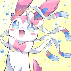 Rule 34 | :d, blue eyes, blush stickers, commentary request, creatures (company), fangs, game freak, gen 6 pokemon, highres, looking up, nintendo, no humans, open mouth, pokemon, pokemon (creature), smile, solo, surumeika (ninfiiiir), sylveon, tongue, water drop