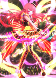 Rule 34 | 1girl, audience, black hat, blunt bangs, boots, corset, dress, full body, glowing clothes, glowstick, hat, highres, hojo sophy, holding, holding microphone stand, idol, idol clothes, knees together feet apart, long hair, looking at viewer, microphone stand, mini hat, multicolored clothes, multicolored dress, penlight (glowstick), pink eyes, pretty series, pripara, red hair, ruru ashihara, smile, solo, standing, thigh boots, v, very long hair, wrist cuffs