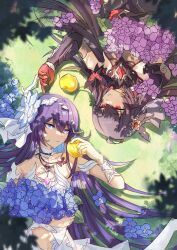 2girls absurdres apple bare_shoulders black_hair blue_eyes blue_flower chinese_commentary closed_mouth commentary flower food fruit gloves golden_apple hair_between_eyes hair_flower hair_ornament highres holding holding_food holding_fruit honkai_(series) honkai_impact_3rd hydrangea long_hair multiple_girls on_ground purple_flower red_eyes red_gloves rotational_symmetry seele_(alter_ego) seele_vollerei seele_vollerei_(herrscher_of_rebirth) seele_vollerei_(starchasm_nyx) tangdemusi very_long_hair