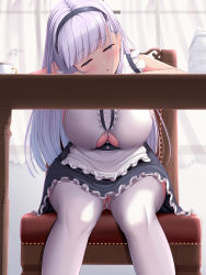 Rule 34 | 1girl, apron, arms on table, azur lane, bare shoulders, black hairband, black skirt, blunt bangs, blush, breasts, center frills, chair, closed eyes, clothing cutout, commentary request, cup, curtains, dido (azur lane), frilled skirt, frills, hairband, hanging breasts, head rest, head tilt, highres, large breasts, long hair, maid, melopun, panties, pantyshot, paper stack, shirt, sidelocks, silver hair, sitting, skirt, sleeping, sleeveless, sleeveless shirt, solo, steam, table, teacup, thighhighs, underboob, underboob cutout, underwear, waist apron, white apron, white panties, white thighhighs, window