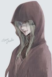 Rule 34 | 1girl, bandages, bandaged head, bandages, blonde hair, bloodborne, brown cloak, character name, cloak, closed mouth, commentary request, grey background, highres, hood, hood up, itsuki (itsukiovo), lips, long hair, looking at viewer, mole, one eye covered, simple background, sketch, smile, solo, upper body, vicar amelia