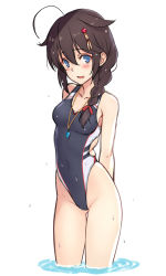 Rule 34 | 1girl, ahoge, alternate costume, arms behind back, bare arms, bare shoulders, black hair, black one-piece swimsuit, blue eyes, blush, braid, breasts, competition swimsuit, cowboy shot, dan (kumadan), gluteal fold, hair flaps, hair ornament, hair over shoulder, highres, kantai collection, long hair, looking at viewer, medium breasts, one-piece swimsuit, shigure (kancolle), shigure kai ni (kancolle), simple background, single braid, smile, solo, standing, swimsuit, wading, wet, whistle, white background