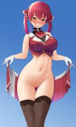 Rule 34 | 1girl, absurdres, ascot, black thighhighs, blue background, blush, bottomless, breasts, cleavage, cleft of venus, commentary, cropped jacket, gloves, gradient background, grin, hair ornament, heterochromia, highres, hololive, houshou marine, jacket, large breasts, long hair, looking at viewer, navel, pussy, red ascot, red hair, red jacket, red skirt, see-through, see-through cleavage, skirt, unworn skirt, smile, solo, standing, stomach, thigh gap, thighhighs, twintails, two-tone shirt, uncensored, virtual youtuber, white gloves, white skirt, z.taiga