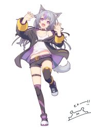 Rule 34 | 1girl, animal ears, belt, black thighhighs, claw pose, collar, full body, grey hair, hair ribbon, highres, jacket, long hair, looking at viewer, multicolored hair, namako (namacotan), open mouth, original, over-kneehighs, purple eyes, ribbon, short shorts, shorts, solo, streaked hair, tail, tank top, thigh gap, thighhighs, twintails, white background