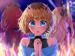 Rule 34 | 3girls, arima kana, audience, bare shoulders, black bow, blonde hair, blue eyes, blue sweater, blurry, blurry background, blush, bow, collared shirt, commentary request, demon horns, fake horns, floating hair, from behind, glowstick, hair bow, hands up, hat, highres, horns, hoshino ruby, idol, idol clothes, light particles, long hair, long sleeves, looking at viewer, medium hair, mem-cho, mini hat, multicolored hair, multiple girls, off-shoulder sweater, off shoulder, one side up, open mouth, oshi no ko, own hands clasped, own hands together, puffy short sleeves, puffy sleeves, red hair, red shirt, roots (hair), shade, shirt, short sleeves, sidelocks, signature, sweatdrop, sweater, upper body, yoitsuki nema