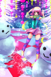 Rule 34 | 1girl, bad id, bad pixiv id, blush, detached sleeves, highres, kobanzame, open mouth, original, pink eyes, scarf, short hair, skirt, smile, snow, snowflakes, snowman, solo, striped clothes, striped thighhighs, thighhighs, winter, zettai ryouiki