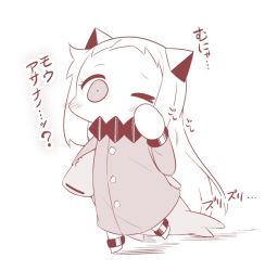 Rule 34 | 10s, 1girl, abyssal ship, alternate costume, commentary request, covered mouth, horns, kantai collection, long hair, long sleeves, mittens, monochrome, northern ocean princess, one eye closed, pajamas, solo, translation request, yamato nadeshiko