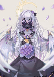 Rule 34 | 1girl, azusa (blue archive), blue archive, blush, commentary request, falling petals, flower, gas mask, grey background, hair between eyes, hair flower, hair ornament, halo, inoue takuya (tactactak), long hair, looking at viewer, low wings, mask, petals, school uniform, simple background, solo, wings