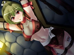 Rule 34 | 1girl, arms up, bdsm, bondage, bound, breasts, character request, collarbone, female focus, fishnets, g-spot, game cg, green hair, kunai, looking at viewer, midriff, morning star (company), navel, ninja, open mouth, red eyes, short hair, solo, sweat, underboob, weapon