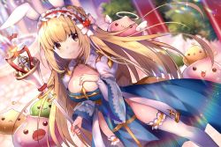 Rule 34 | 1girl, :&lt;, :3, :d, animal ears, arch bishop (ragnarok online), blonde hair, blue dress, blurry, blurry background, bow, breasts, brown eyes, cleavage, closed mouth, commentary request, depth of field, dress, frilled hairband, frilled thighhighs, frills, groin, hair between eyes, hair bow, hairband, halo, heart, holding, holding staff, long hair, medium breasts, open mouth, parted lips, rabbit ears, ragnarok online, red hairband, slime, smile, solid circle eyes, solo, staff, standing, thighhighs, triangle mouth, usagihime, very long hair, white bow, white thighhighs, white wings, wings