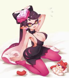 Rule 34 | + +, 1girl, arm up, armpits, ass, bare shoulders, black dress, black hair, breasts, callie (splatoon), cephalopod eyes, choker, cleavage, collarbone, cross-shaped pupils, dress, earrings, fangs, flying sweatdrops, hat, jewelry, large breasts, little blood, long hair, looking at viewer, nintendo, open mouth, pantyhose, pink headwear, pink pantyhose, pointy ears, short dress, sideboob, sitting, sleeveless, sleeveless dress, smile, splatoon (series), splatoon 1, squid girl, stuffed toy, symbol-shaped pupils, tentacle hair, tentacles, twintails, yellow eyes