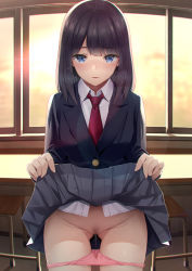 Rule 34 | 1girl, backlighting, black hair, black jacket, blue eyes, blush, breasts, chair, classroom, clothes lift, collared shirt, desk, dress shirt, female pubic hair, grey skirt, jacket, lifted by self, long hair, long sleeves, looking at viewer, medium breasts, necktie, original, panties, panty pull, parted lips, pleated skirt, pubic hair, pussy juice, red necktie, shirt, skirt, skirt lift, solo, thighs, umihotaru harumare, underwear, white shirt, window